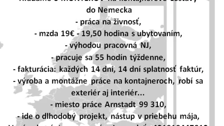 Hľadáme partiu Montérov na kontajnerové zostavy do Nemecka