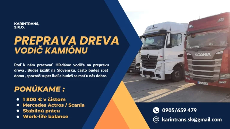Vodič kamiónu. Mzda 1 800 - 2 000 € v čistom