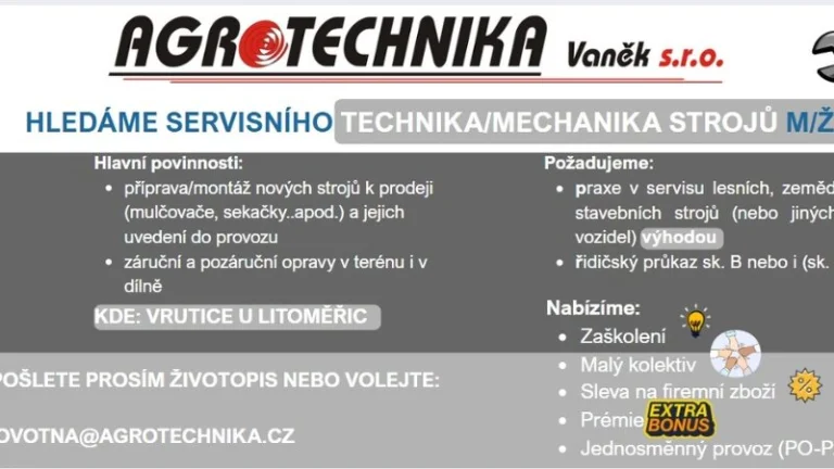Hledáme servisního technika/mechanika strojů (M/Ž)