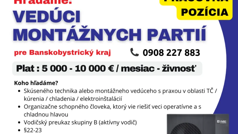Vedúci montážnych partií pre BB kraj - Tepelné čerpadlá IME