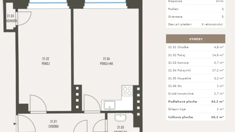 Prodej bytu 2+kk, plocha 46,2 m2, 3 NP, Praha 4 Michle