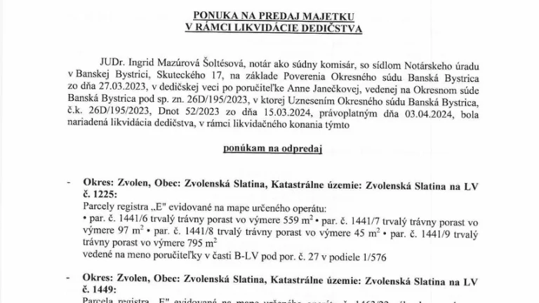 Predaj pozemkov Zvolenská Slatina