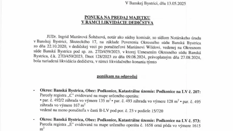 Predaj pozemkov Podkonice