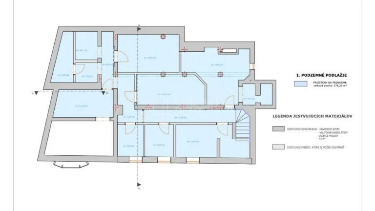 Na prenájom: suterénne obch. priestory 279 m2 v centre Žili