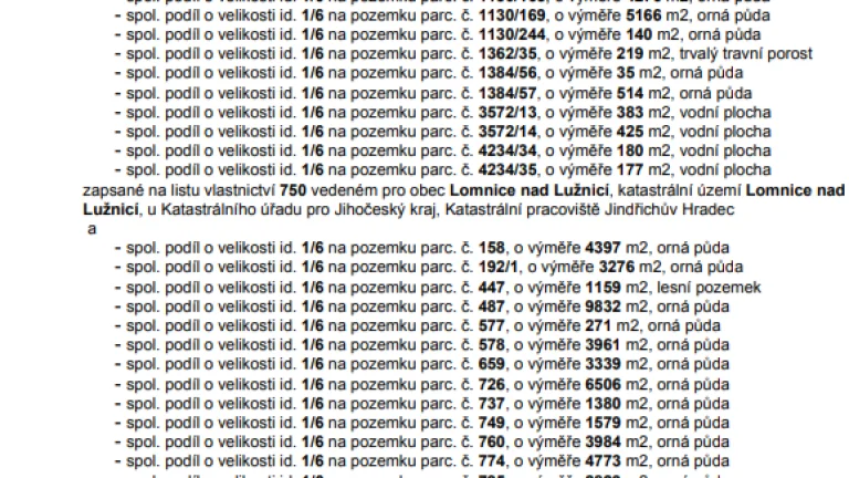 Prodej podílu 1/6 souborů pozemků o celkové výměře 76 127 m2
