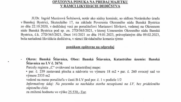 Ponuka na predaj Banská Štiavnica