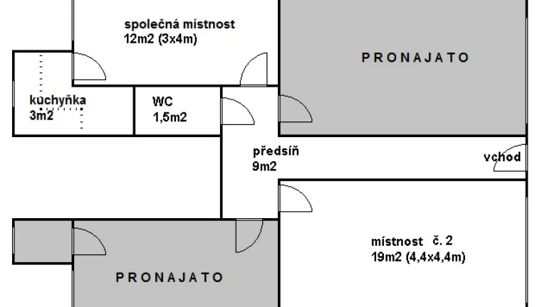 Pronájem kanceláře (19m2) + spol. místnost (12m2) + kuchyňka